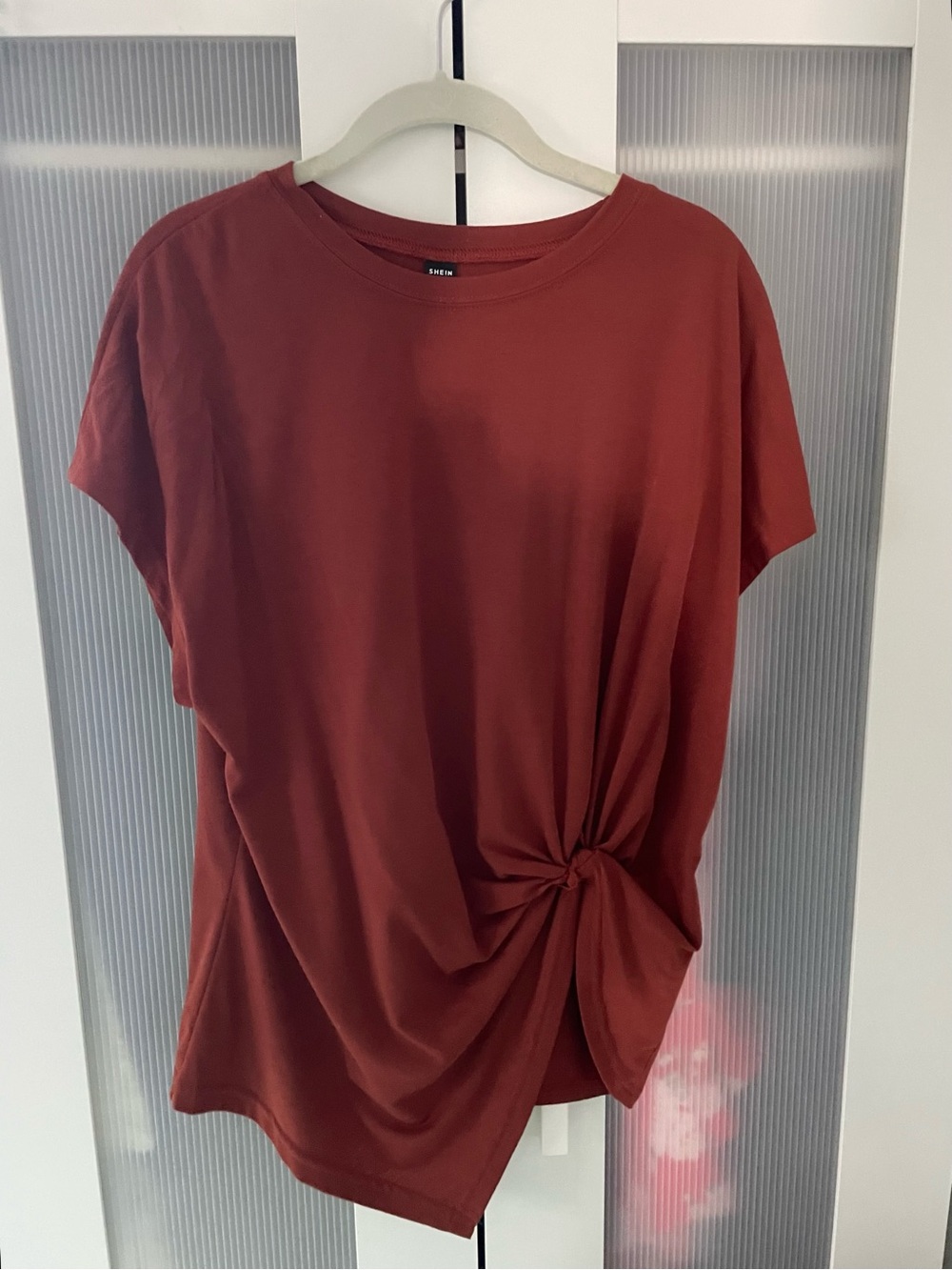 SHEIN Rust Twist-Knot Asymmetrical Short Sleeve Top